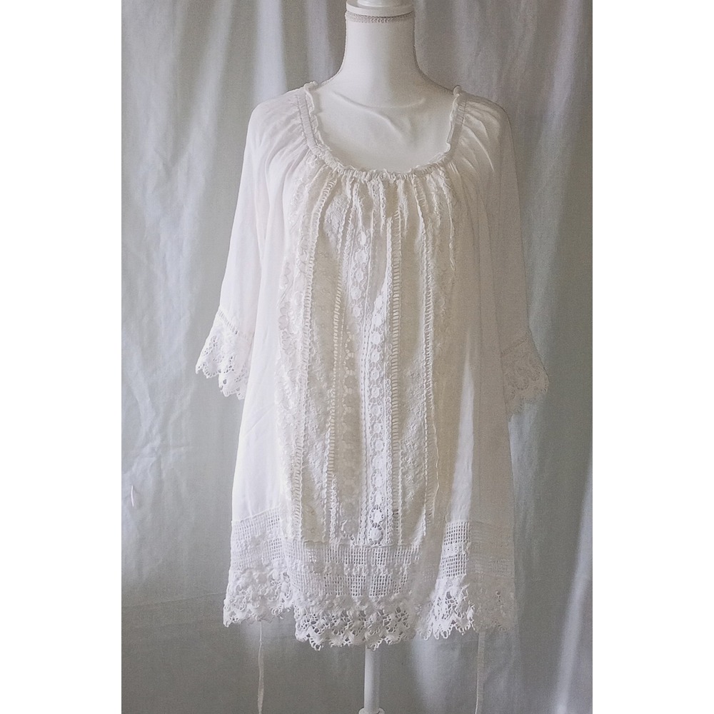 Bundle-3 White & Beige Bohemian Milkmaid Blouses Crochet Lacy Romantic Details L - Picture 3 of 16